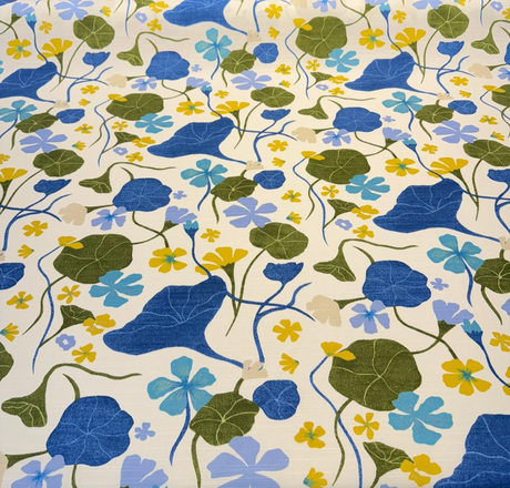 Nasturtiums Blueberry Cotton Fabric - Botanical Floral Print, Eggshell Background, 54" Width (1 Yard)