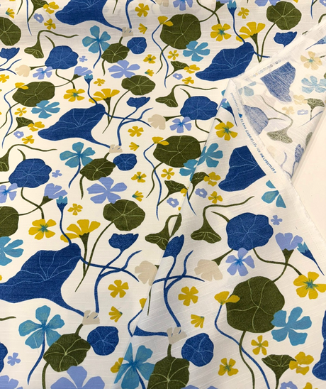 Nasturtiums Blueberry Cotton Fabric - Botanical Floral Print, Eggshell Background, 54" Width (1 Yard)