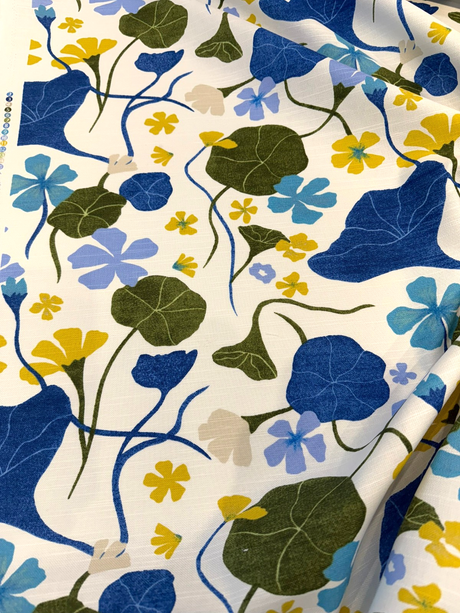 Nasturtiums Blueberry Cotton Fabric - Botanical Floral Print, Eggshell Background, 54" Width (1 Yard)