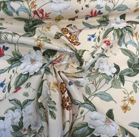 Williamsburg Garden Images Creme Floral Cotton Fabric - Creme Floral, 54" Width, 25.25" Vertical Repeat, 27" Horizontal Repeat (1 Yard)