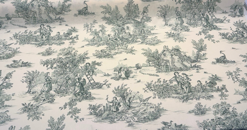 Green Pastoral Toile Cotton Bashette Fabric - Pastoral Toile, Green/Cream, 55" Width (1 Yard)