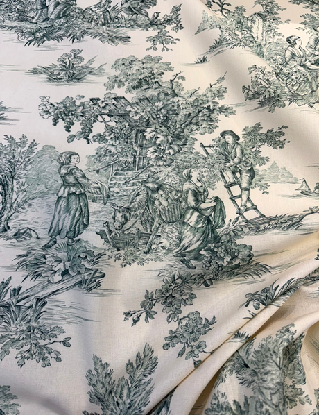 Green Pastoral Toile Cotton Bashette Fabric - Pastoral Toile, Green/Cream, 55" Width (1 Yard)