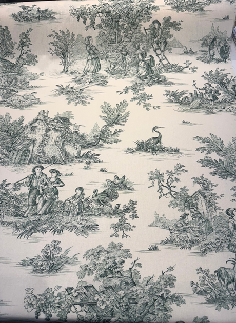Green Pastoral Toile Cotton Bashette Fabric - Pastoral Toile, Green/Cream, 55" Width (1 Yard)