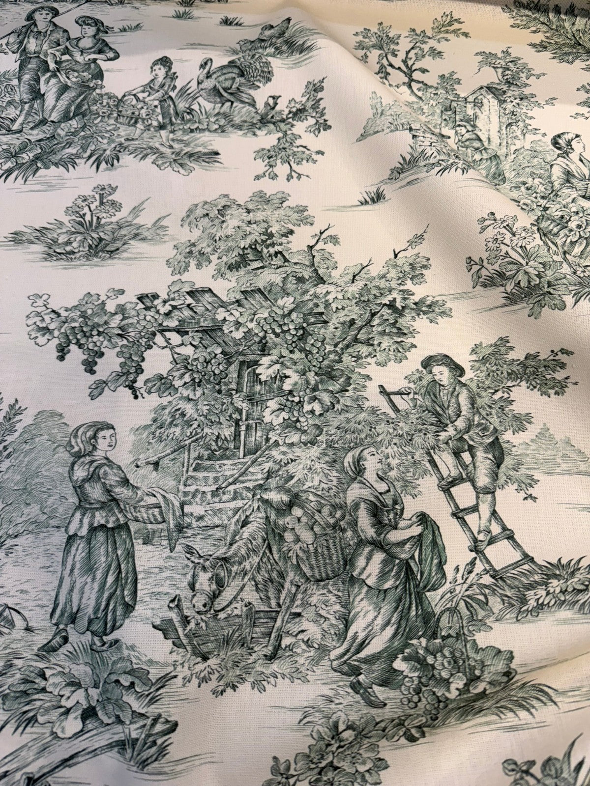 Green Pastoral Toile Cotton Bashette Fabric - Pastoral Toile, Green/Cream, 55" Width (1 Yard)