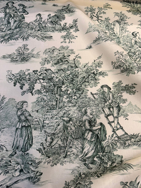Green Pastoral Toile Cotton Bashette Fabric - Pastoral Toile, Green/Cream, 55" Width (1 Yard)