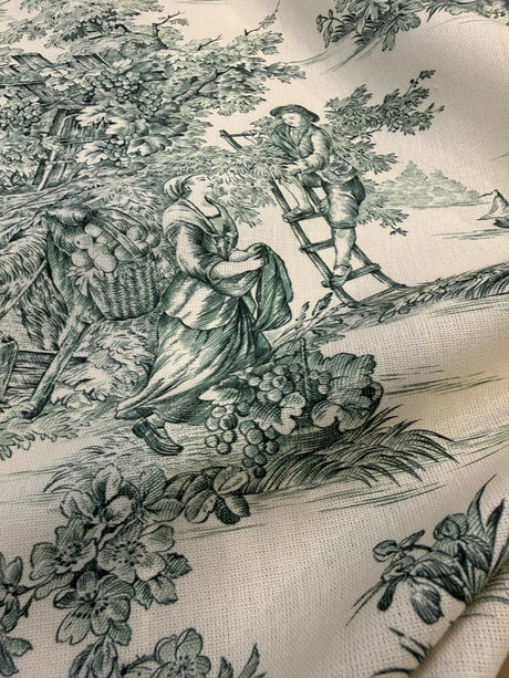 Green Pastoral Toile Cotton Bashette Fabric - Pastoral Toile, Green/Cream, 55" Width (1 Yard)