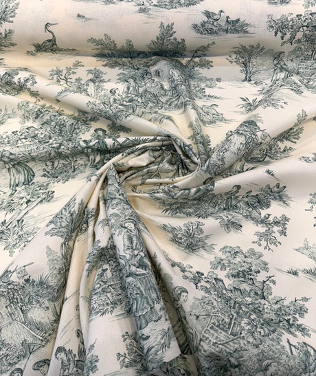 Green Pastoral Toile Cotton Bashette Fabric - Pastoral Toile, Green/Cream, 55" Width (1 Yard)