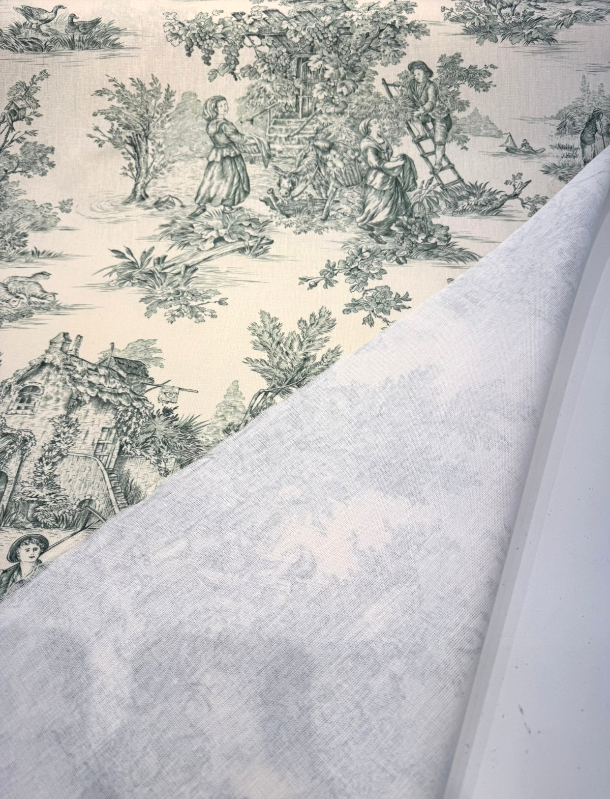 Green Pastoral Toile Cotton Bashette Fabric - Pastoral Toile, Green/Cream, 55" Width (1 Yard)