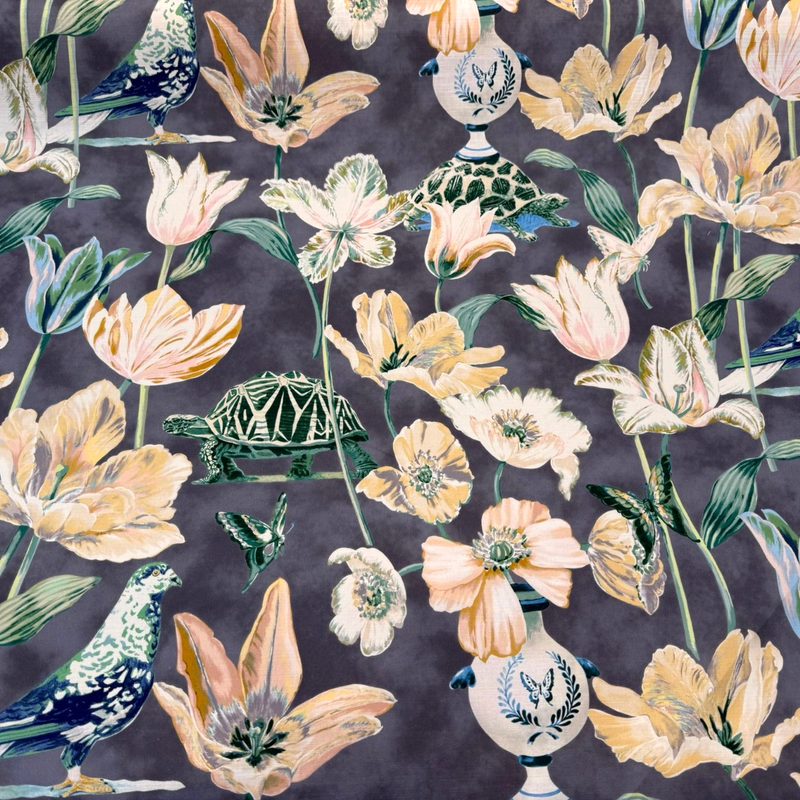 Enchanted Garden Cloud Cotton Fabric - Cloud Charcoal Gray Floral Bird Butterfly Turtle Print, 54" Width (1 Yard)