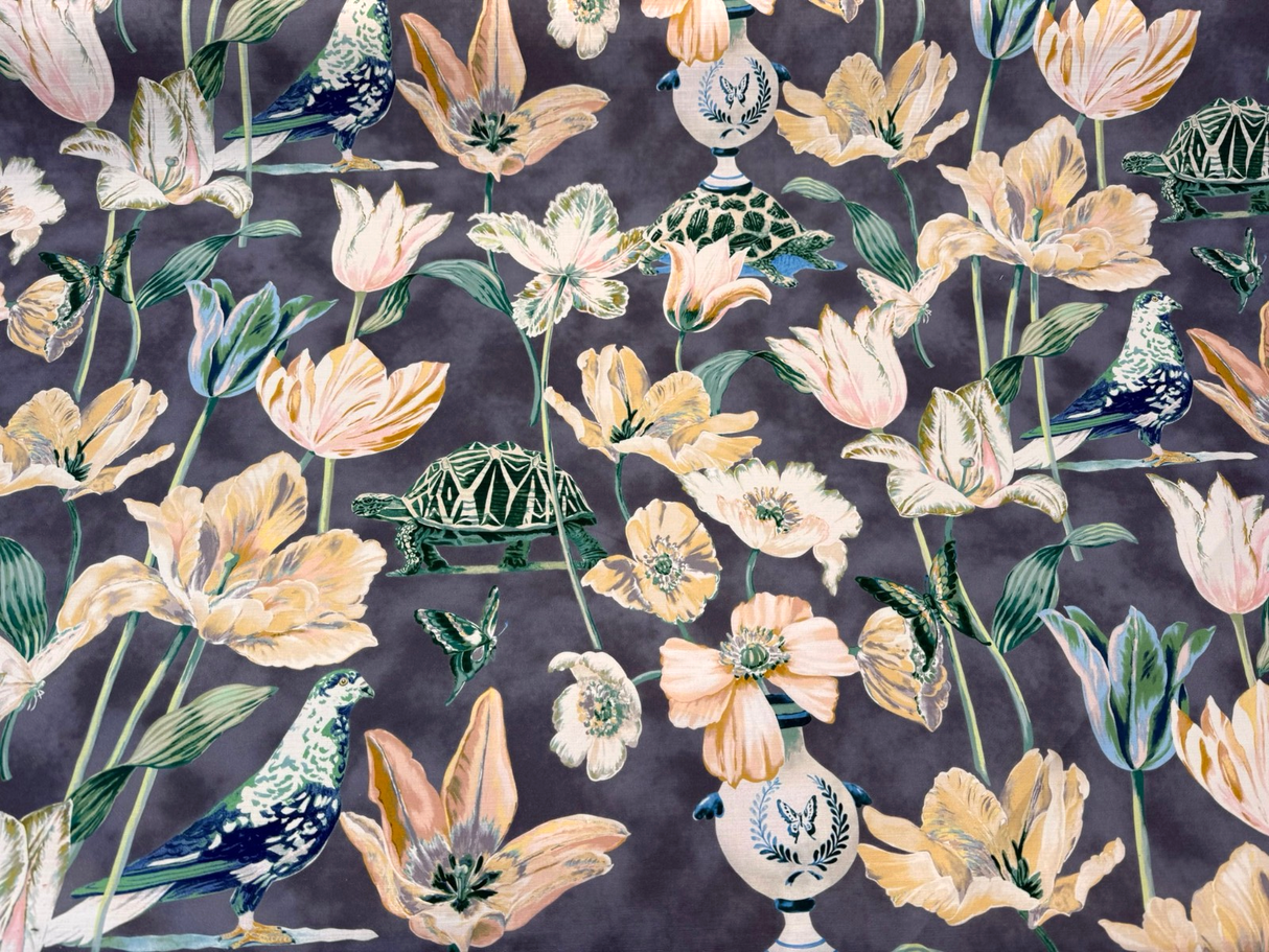 Enchanted Garden Cloud Cotton Fabric - Cloud Charcoal Gray Floral Bird Butterfly Turtle Print, 54" Width (1 Yard)