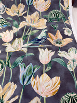 Enchanted Garden Cloud Cotton Fabric - Cloud Charcoal Gray Floral Bird Butterfly Turtle Print, 54" Width (1 Yard)