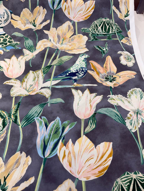 Enchanted Garden Cloud Cotton Fabric - Cloud Charcoal Gray Floral Bird Butterfly Turtle Print, 54" Width (1 Yard)