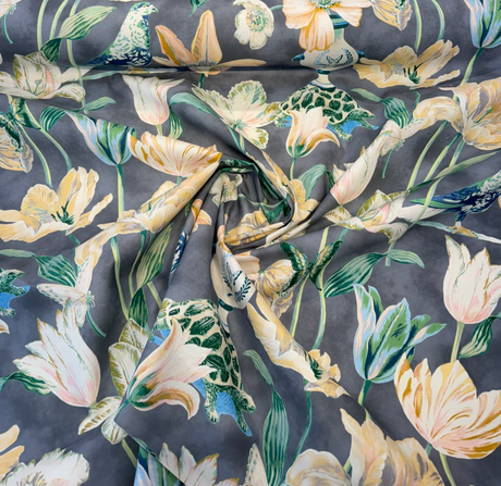 Enchanted Garden Cloud Cotton Fabric - Cloud Charcoal Gray Floral Bird Butterfly Turtle Print, 54" Width (1 Yard)