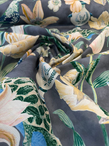Enchanted Garden Cloud Cotton Fabric - Cloud Charcoal Gray Floral Bird Butterfly Turtle Print, 54" Width (1 Yard)
