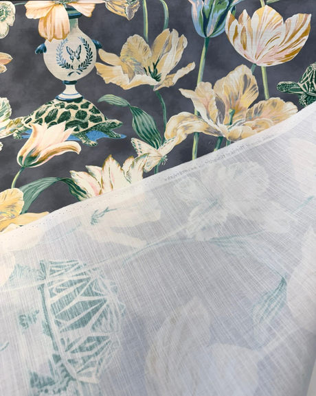 Enchanted Garden Cloud Cotton Fabric - Cloud Charcoal Gray Floral Bird Butterfly Turtle Print, 54" Width (1 Yard)