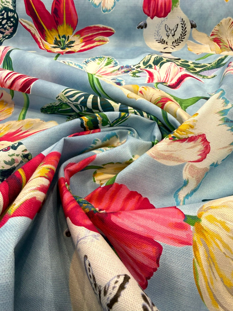 Enchanted Garden Cotton Fabric - Robin's Egg Blue Floral Bird, 54" Width (1 Yard)