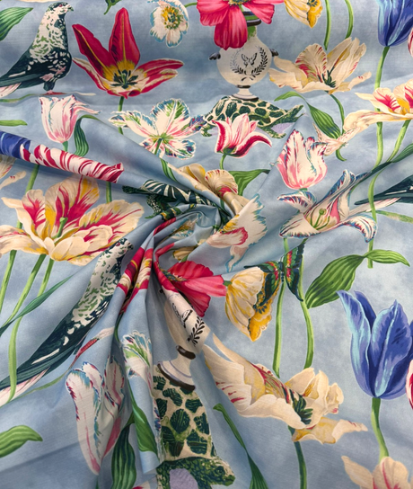 Enchanted Garden Cotton Fabric - Robin's Egg Blue Floral Bird, 54" Width (1 Yard)