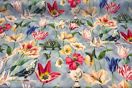 Enchanted Garden Cotton Fabric - Robin's Egg Blue Floral Bird, 54" Width (1 Yard)