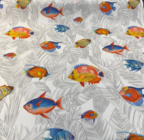 Ibiza Fish 100 Percent Cotton Fabric - Tropical Reef Fish Print, Coral, Ocean Blue, Turquoise, 23" Horizontal Repeat, 27" Vertical Repeat, 220 GSM (1 Yard)
