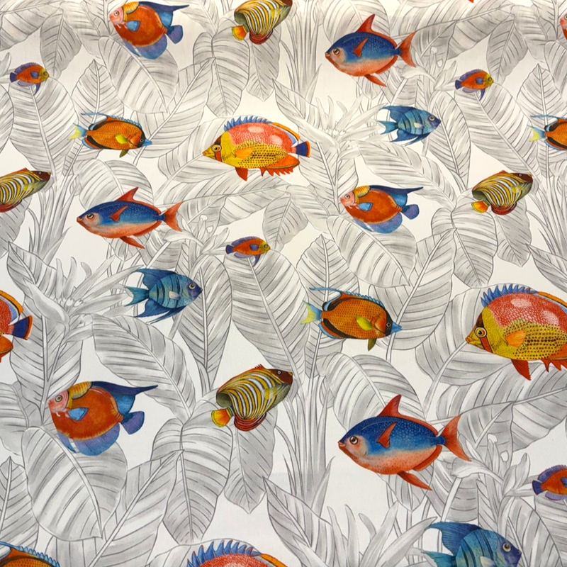 Ibiza Fish 100 Percent Cotton Fabric - Tropical Reef Fish Print, Coral, Ocean Blue, Turquoise, 23" Horizontal Repeat, 27" Vertical Repeat, 220 GSM (1 Yard)
