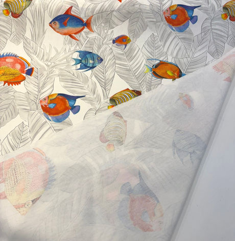Ibiza Fish 100 Percent Cotton Fabric - Tropical Reef Fish Print, Coral, Ocean Blue, Turquoise, 23" Horizontal Repeat, 27" Vertical Repeat, 220 GSM (1 Yard)