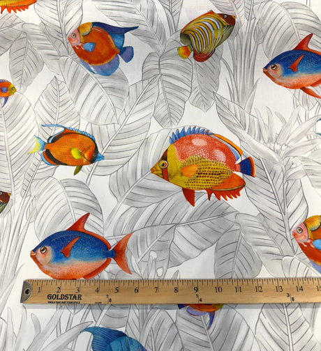 Ibiza Fish 100 Percent Cotton Fabric - Tropical Reef Fish Print, Coral, Ocean Blue, Turquoise, 23" Horizontal Repeat, 27" Vertical Repeat, 220 GSM (1 Yard)