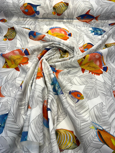 Ibiza Fish 100 Percent Cotton Fabric - Tropical Reef Fish Print, Coral, Ocean Blue, Turquoise, 23" Horizontal Repeat, 27" Vertical Repeat, 220 GSM (1 Yard)