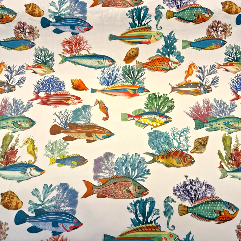 Capri Reef Fish Cotton Fabric - Coastal Digital Print, Coral Ocean Blue Turquoise Golden Yellow Sunset Orange, 23" Horizontal Repeat, 27" Vertical Repeat (By The Yard)