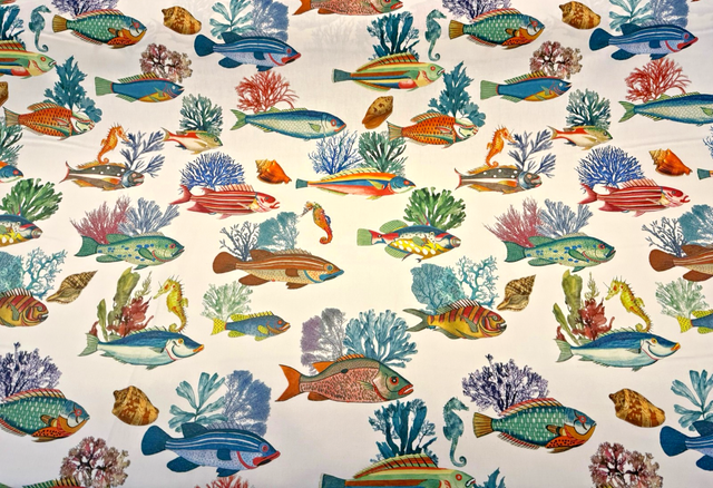 Capri Reef Fish Cotton Fabric - Coastal Digital Print, Coral Ocean Blue Turquoise Golden Yellow Sunset Orange, 23" Horizontal Repeat, 27" Vertical Repeat (By The Yard)