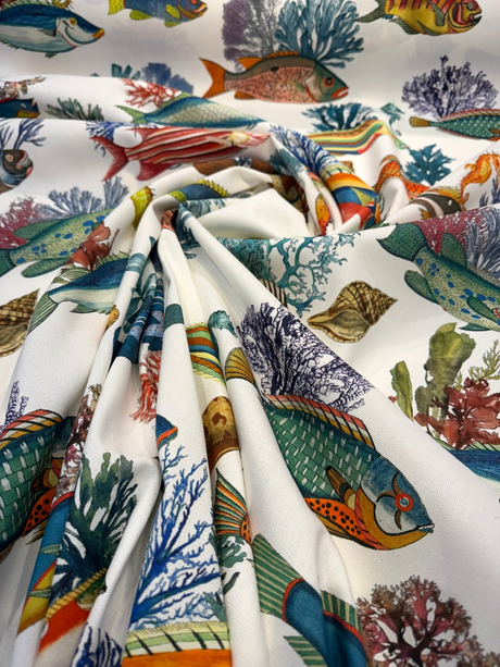 Capri Reef Fish Cotton Fabric - Coastal Digital Print, Coral Ocean Blue Turquoise Golden Yellow Sunset Orange, 23" Horizontal Repeat, 27" Vertical Repeat (By The Yard)