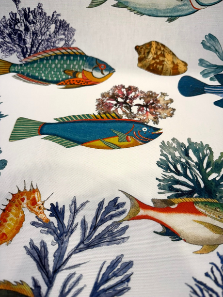 Capri Reef Fish Cotton Fabric - Coastal Digital Print, Coral Ocean Blue Turquoise Golden Yellow Sunset Orange, 23" Horizontal Repeat, 27" Vertical Repeat (By The Yard)