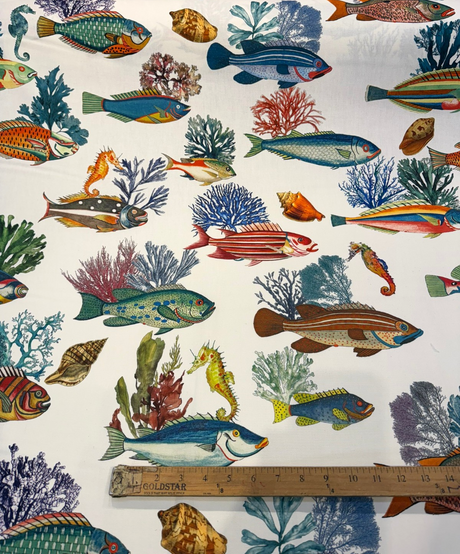 Capri Reef Fish Cotton Fabric - Coastal Digital Print, Coral Ocean Blue Turquoise Golden Yellow Sunset Orange, 23" Horizontal Repeat, 27" Vertical Repeat (By The Yard)