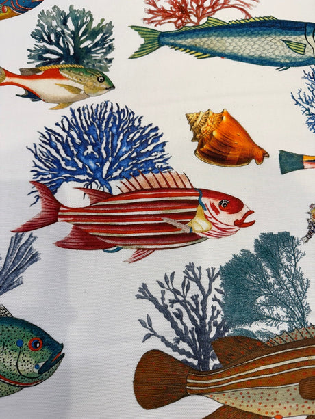 Capri Reef Fish Cotton Fabric - Coastal Digital Print, Coral Ocean Blue Turquoise Golden Yellow Sunset Orange, 23" Horizontal Repeat, 27" Vertical Repeat (By The Yard)