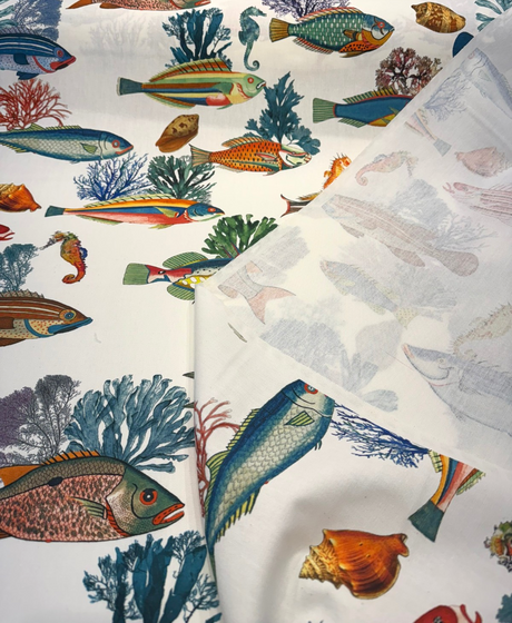 Capri Reef Fish Cotton Fabric - Coastal Digital Print, Coral Ocean Blue Turquoise Golden Yellow Sunset Orange, 23" Horizontal Repeat, 27" Vertical Repeat (By The Yard)