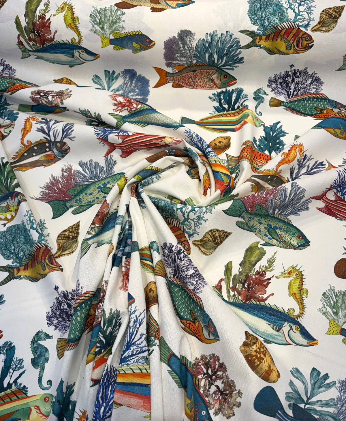 Capri Reef Fish Cotton Fabric - Coastal Digital Print, Coral Ocean Blue Turquoise Golden Yellow Sunset Orange, 23" Horizontal Repeat, 27" Vertical Repeat (By The Yard)