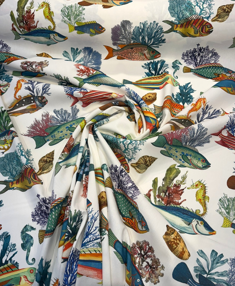 Capri Reef Fish Cotton Fabric - Coastal Digital Print, Coral Ocean Blue Turquoise Golden Yellow Sunset Orange, 23" Horizontal Repeat, 27" Vertical Repeat (By The Yard)