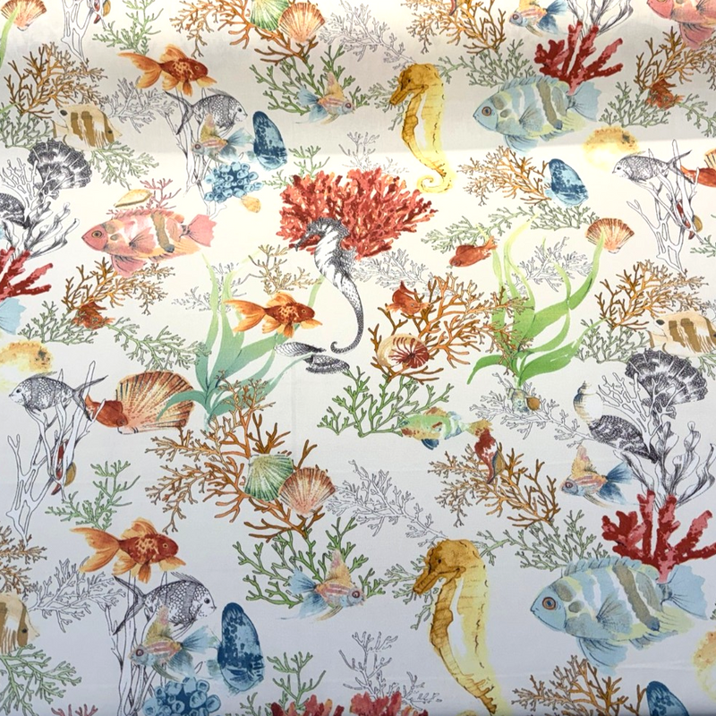 Seaworld Coral Reef Multi Cotton Fabric - Off-White, Fish And Seahorse Coral Reef Print, 23" Horizontal Repeat (1 Yard)