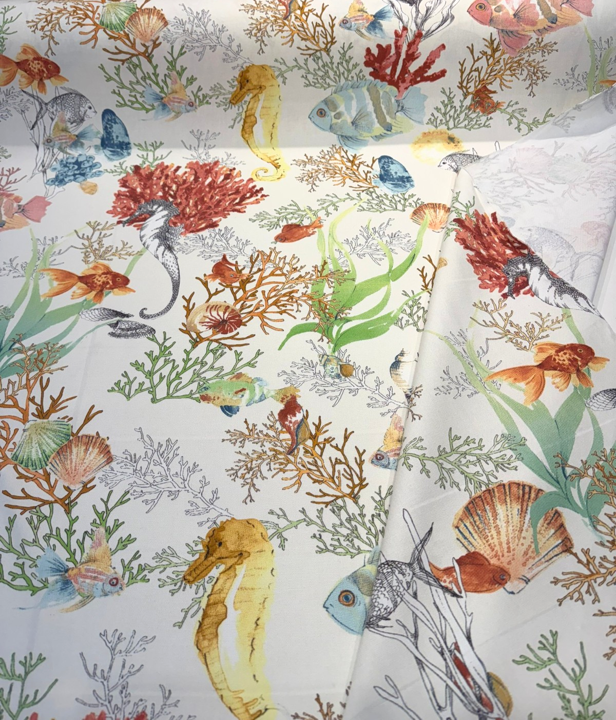 Seaworld Coral Reef Multi Cotton Fabric - Off-White, Fish And Seahorse Coral Reef Print, 23" Horizontal Repeat (1 Yard)