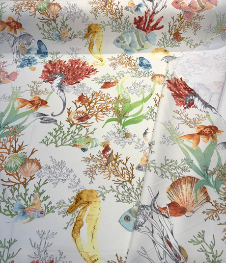 Seaworld Coral Reef Multi Cotton Fabric - Off-White, Fish And Seahorse Coral Reef Print, 23" Horizontal Repeat (1 Yard)
