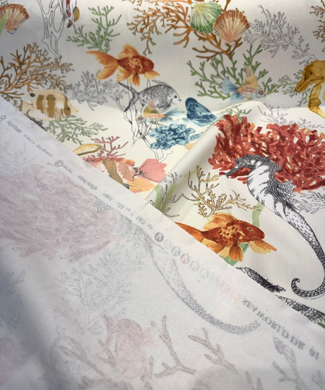 Seaworld Coral Reef Multi Cotton Fabric - Off-White, Fish And Seahorse Coral Reef Print, 23" Horizontal Repeat (1 Yard)