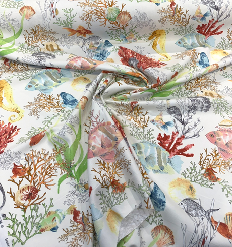 Seaworld Coral Reef Multi Cotton Fabric - Off-White, Fish And Seahorse Coral Reef Print, 23" Horizontal Repeat (1 Yard)