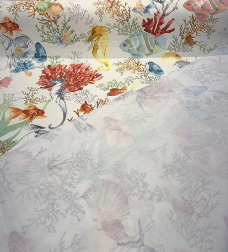 Seaworld Coral Reef Multi Cotton Fabric - Off-White, Fish And Seahorse Coral Reef Print, 23" Horizontal Repeat (1 Yard)