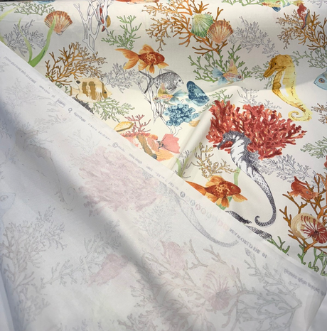 Seaworld Coral Reef Multi Cotton Fabric - Off-White, Fish And Seahorse Coral Reef Print, 23" Horizontal Repeat (1 Yard)