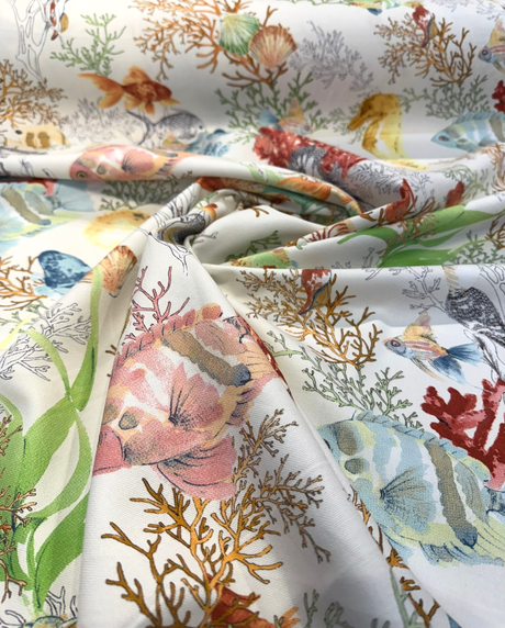 Seaworld Coral Reef Multi Cotton Fabric - Off-White, Fish And Seahorse Coral Reef Print, 23" Horizontal Repeat (1 Yard)