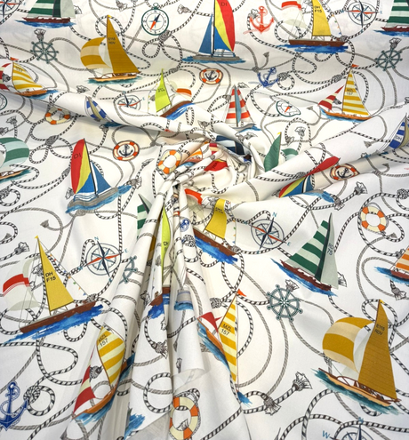 Nautical Sailing Sailboats & Rope Cotton Fabric - Coastal Drapery Upholstery, Multi Color Nautical Print, 27.5" Horizontal Repeat, 26" Vertical Repeat (1 Yard)
