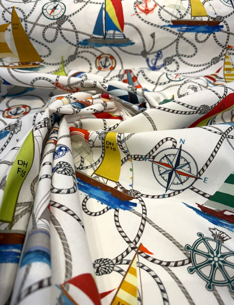 Nautical Sailing Sailboats & Rope Cotton Fabric - Coastal Drapery Upholstery, Multi Color Nautical Print, 27.5" Horizontal Repeat, 26" Vertical Repeat (1 Yard)