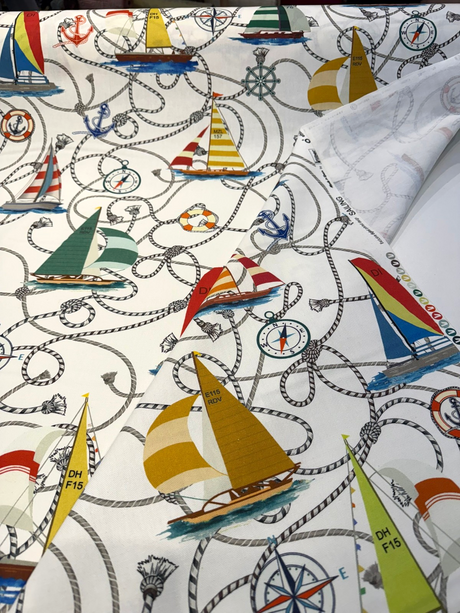 Nautical Sailing Sailboats & Rope Cotton Fabric - Coastal Drapery Upholstery, Multi Color Nautical Print, 27.5" Horizontal Repeat, 26" Vertical Repeat (1 Yard)