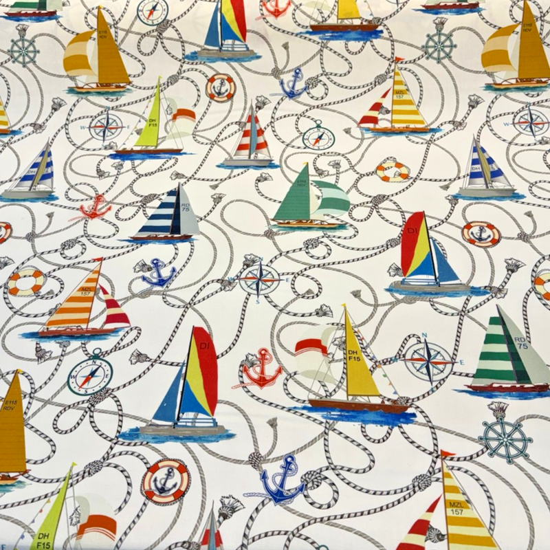 Nautical Sailing Sailboats & Rope Cotton Fabric - Coastal Drapery Upholstery, Multi Color Nautical Print, 27.5" Horizontal Repeat, 26" Vertical Repeat (1 Yard)