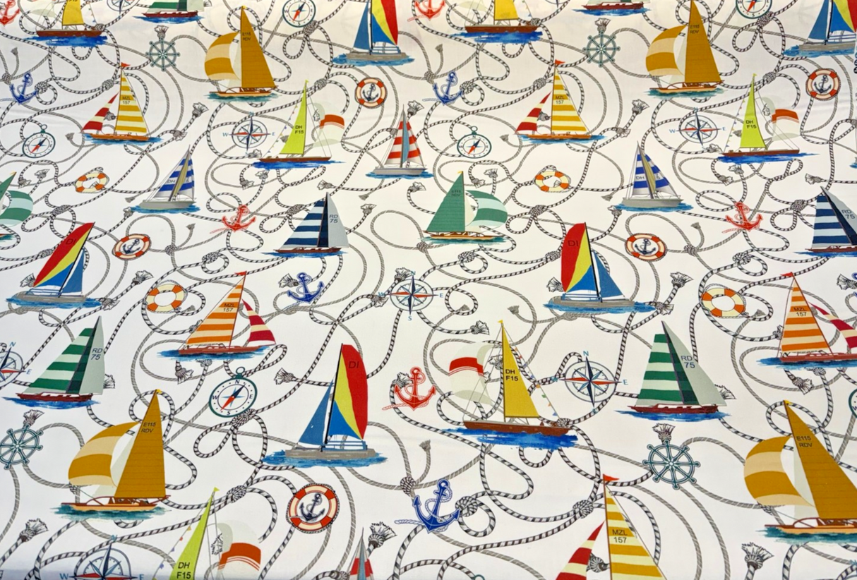 Nautical Sailing Sailboats & Rope Cotton Fabric - Coastal Drapery Upholstery, Multi Color Nautical Print, 27.5" Horizontal Repeat, 26" Vertical Repeat (1 Yard)