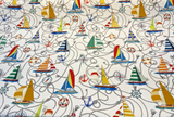 Nautical Sailing Sailboats & Rope Cotton Fabric - Coastal Drapery Upholstery, Multi Color Nautical Print, 27.5" Horizontal Repeat, 26" Vertical Repeat (1 Yard)